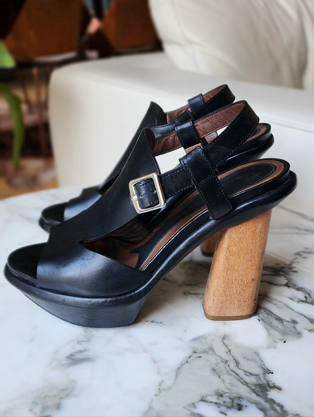 Marni Black Leather Slingback Wooden Platform Heel Sandals Size 7